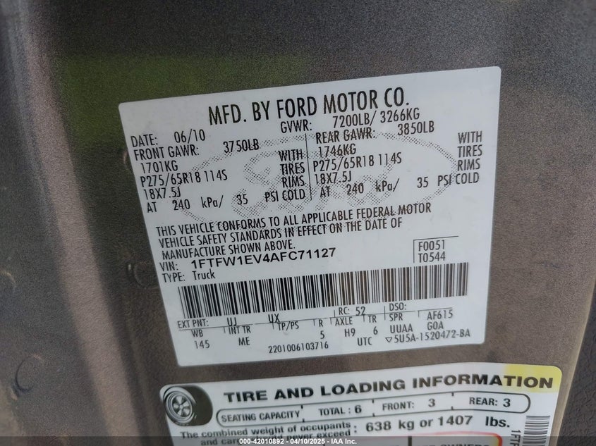 2010 FORD F-150 VIN: 1FTFW1EV4AFC71127