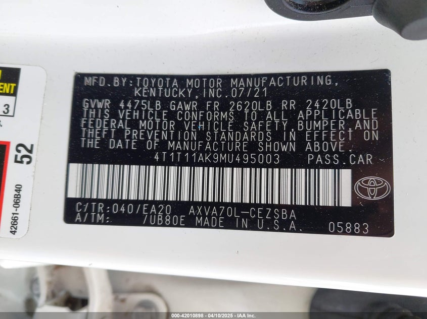 2021 TOYOTA CAMRY VIN: 4T1T11AK9MU495003