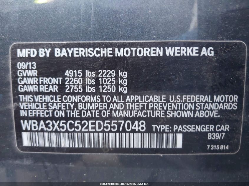 2014 BMW 328I Gran Turismo xDrive VIN: WBA3X5C52ED557048 Lot: 42010903