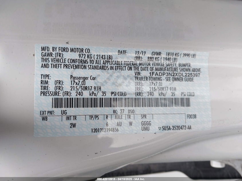 2013 FORD FOCUS VIN: 1FADP3N2XDL225397