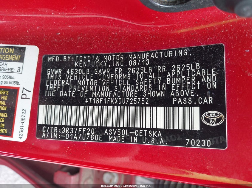 2013 TOYOTA CAMRY VIN: 4T1BF1FKXDU725752