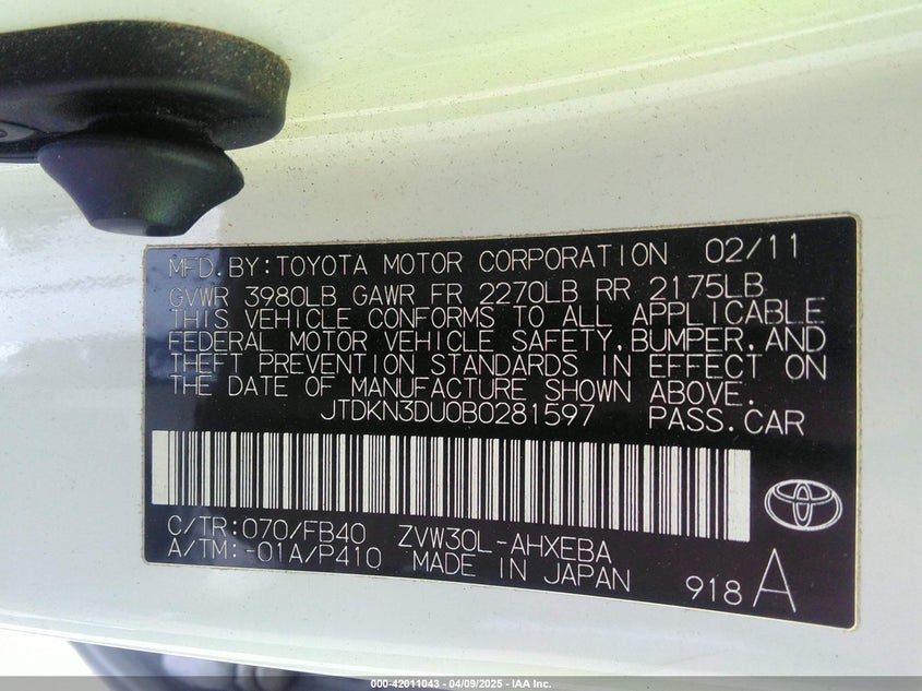 2011 TOYOTA PRIUS VIN: JTDKN3DU0B0281597