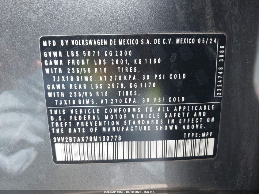 2024 Volkswagen Tiguan 2.0T Se/2.0T Wolfsburg Edition VIN: 3VV2B7AX7RM130778 Lot: 42011059