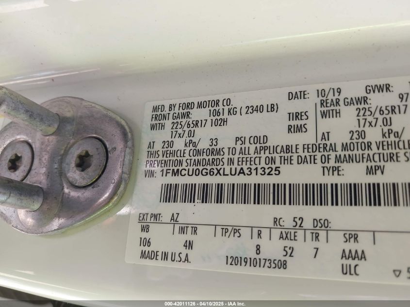 2020 Ford Escape Se VIN: 1FMCU0G6XLUA31325 Lot: 42011126