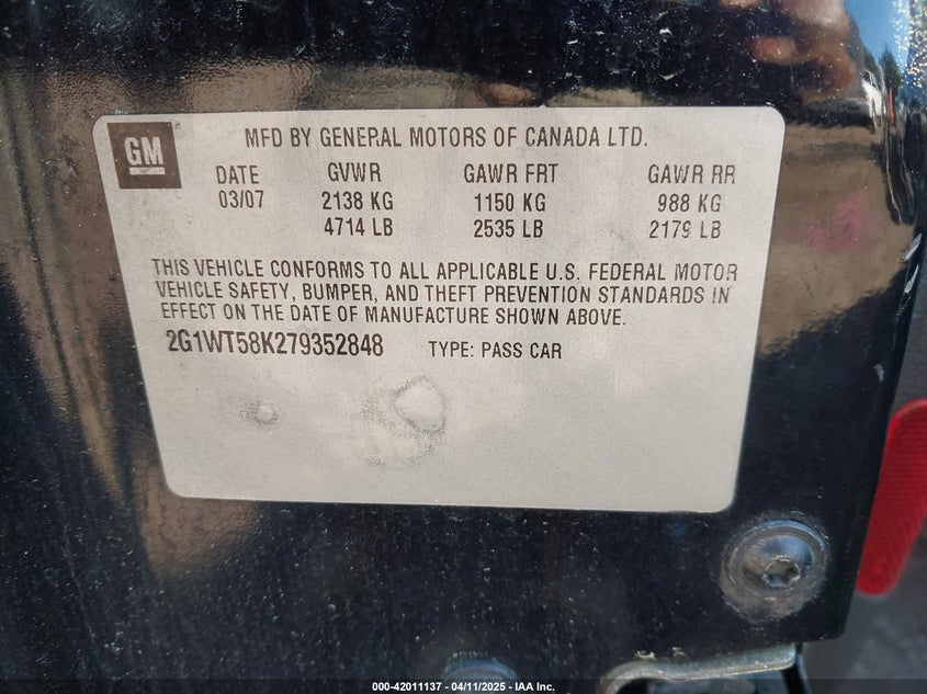 2007 CHEVROLET IMPALA VIN: 2G1WT58K279352848