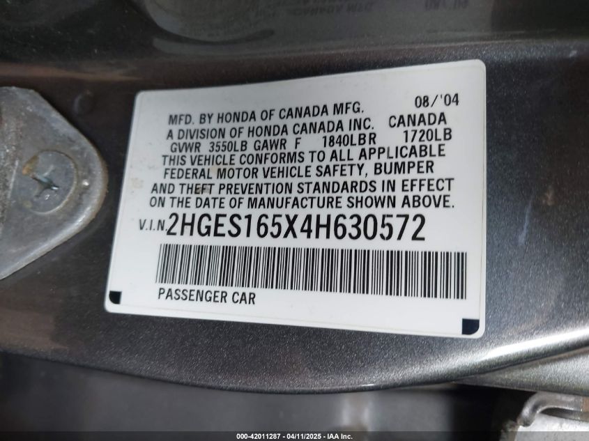 2004 Honda Civic Lx VIN: 2HGES165X4H630572 Lot: 42011287