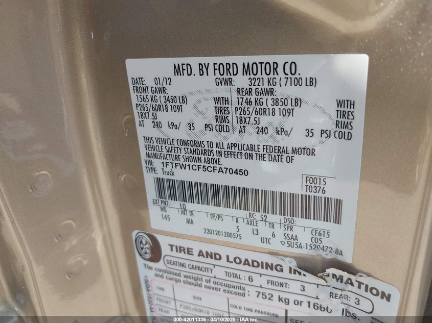 2012 FORD F-150 VIN: 1FTFW1CF5CFA70450