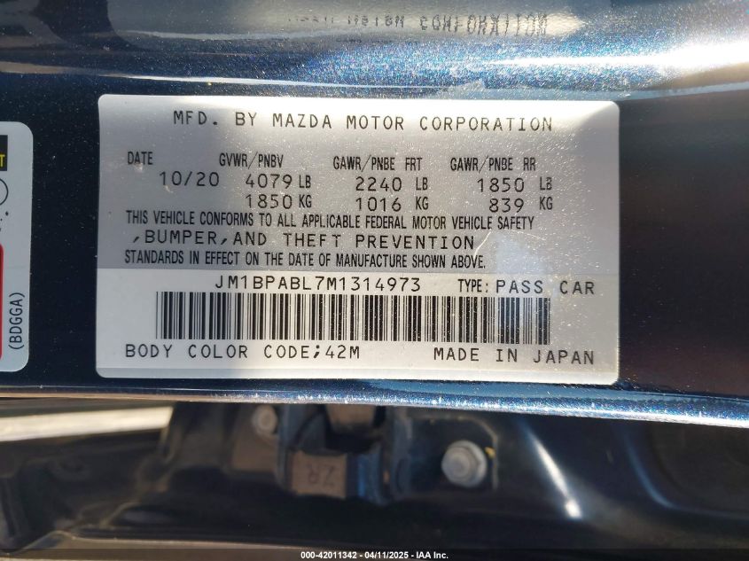2021 Mazda Mazda3 Select VIN: JM1BPABL7M1314973 Lot: 42011342