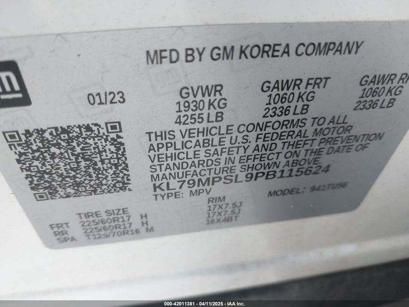 2023 CHEVROLET TRAILBLAZER VIN: KL79MPSL9PB115624