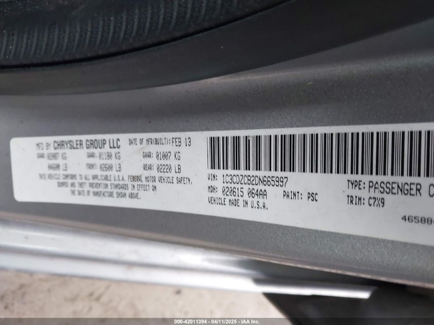 2013 Dodge Avenger Sxt VIN: 1C3CDZCB2DN665997 Lot: 42011394