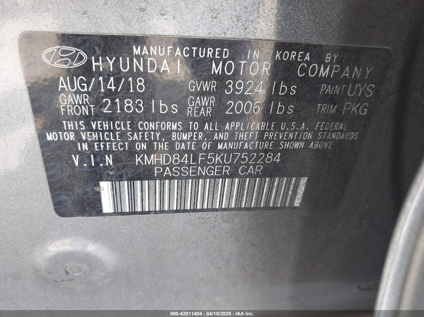 2019 HYUNDAI ELANTRA VIN: KMHD84LF5KU752284