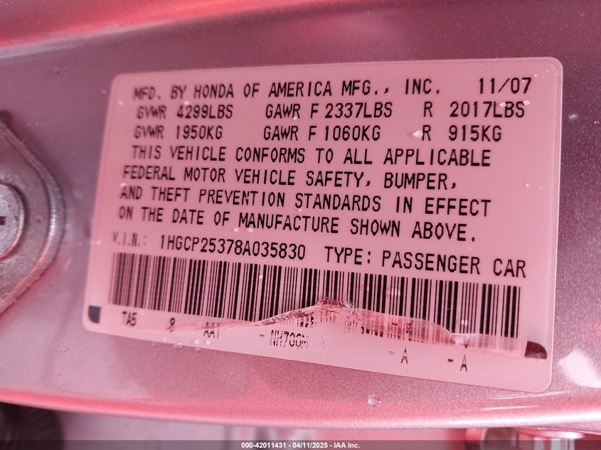 2008 HONDA ACCORD VIN: 1HGCP25378A035830