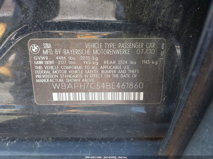 2011 BMW 328I VIN: WBAPH7C54BE461860