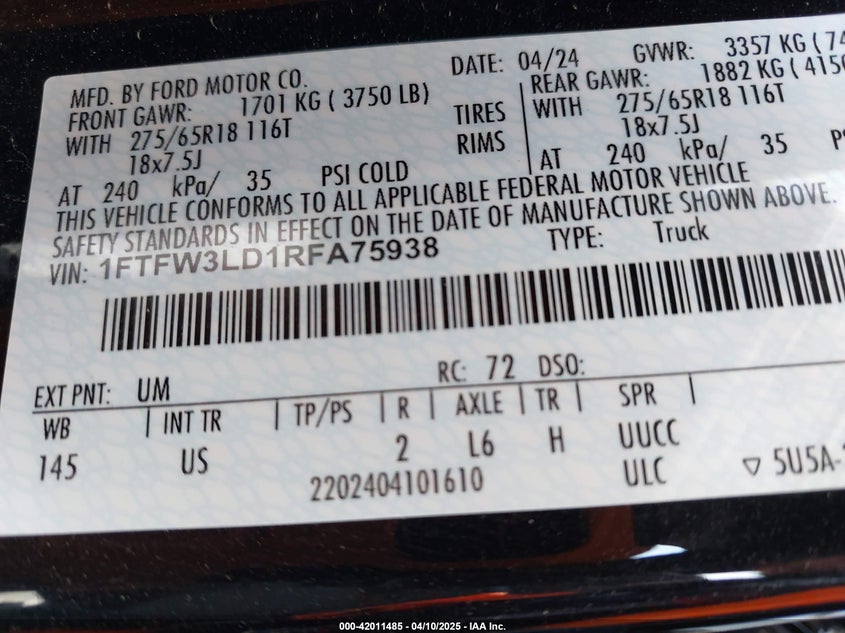 2024 FORD F150 VIN: 1FTFW3LD1RFA75938