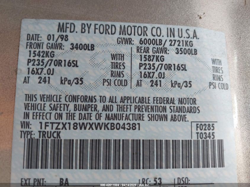 1998 Ford F-150 Lariat/Standard/Xl/Xlt VIN: 1FTZX18WXWKB04381 Lot: 42011504
