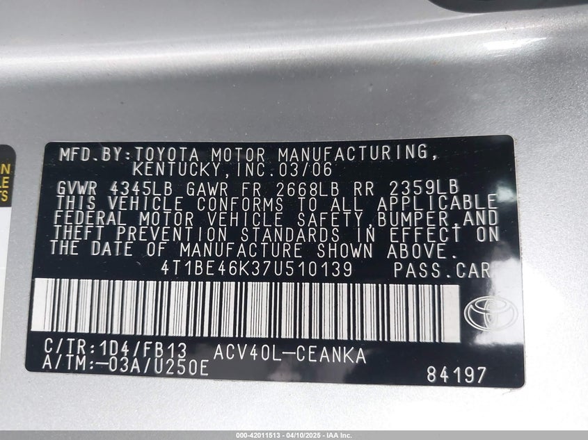 2007 TOYOTA CAMRY VIN: 4T1BE46K37U510139
