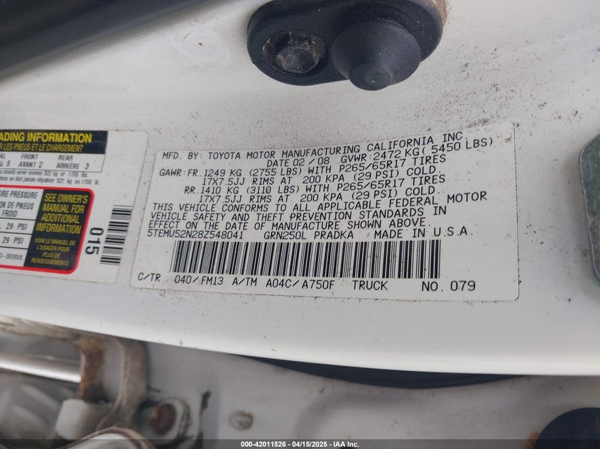 2008 TOYOTA TACOMA VIN: 5TEMU52N28Z548041