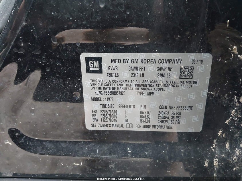 2019 CHEVROLET TRAX LT - KL7CJPSB6KB957920