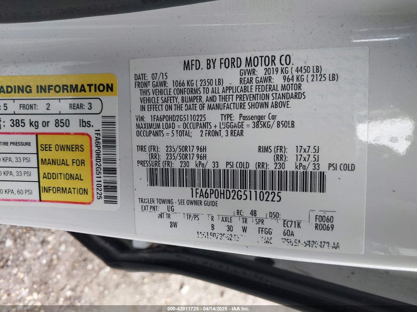 2016 FORD FUSION VIN: 1FA6P0HD2G5110225