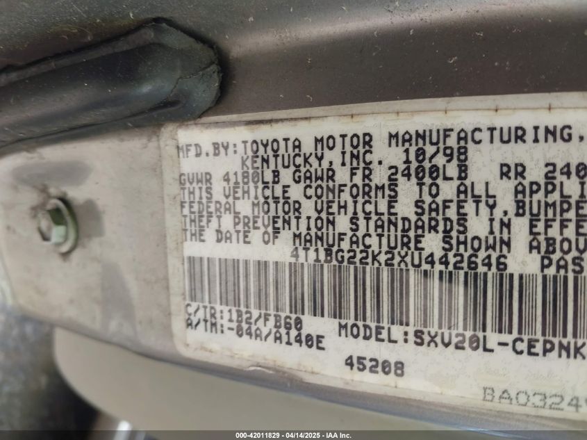 1999 Toyota Camry Le VIN: 4T1BG22K2XU442646 Lot: 42011829