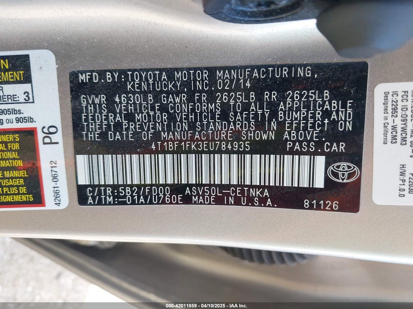 2014 TOYOTA CAMRY VIN: 4T1BF1FK3EU784935