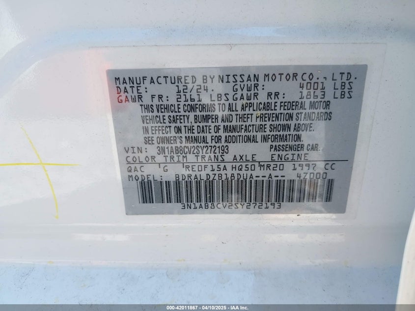 VIN 3N1AB8CV2SY272193 2025 NISSAN SENTRA SV