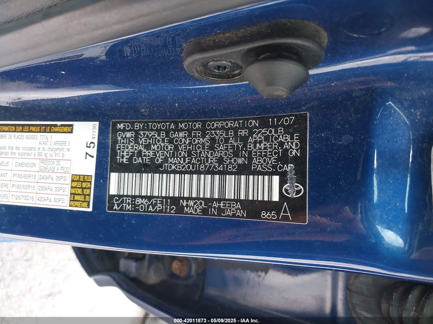 2008 TOYOTA PRIUS VIN: JTDKB20U187734182