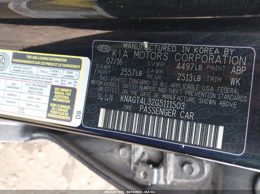 2016 KIA OPTIMA VIN: KNAGT4L32G5111503