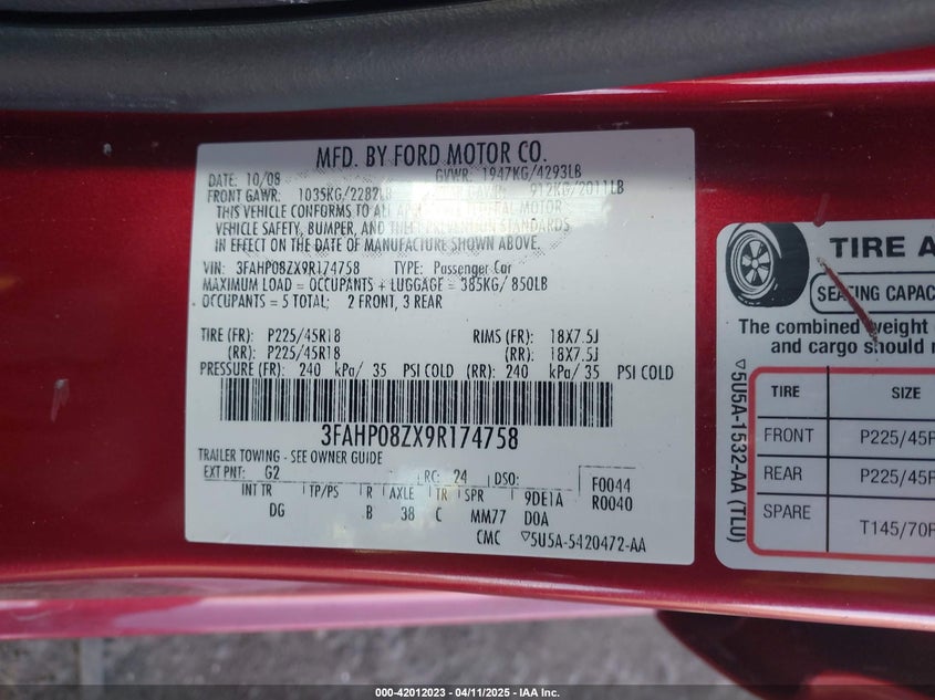 2009 FORD FUSION VIN: 3FAHP08ZX9R174758