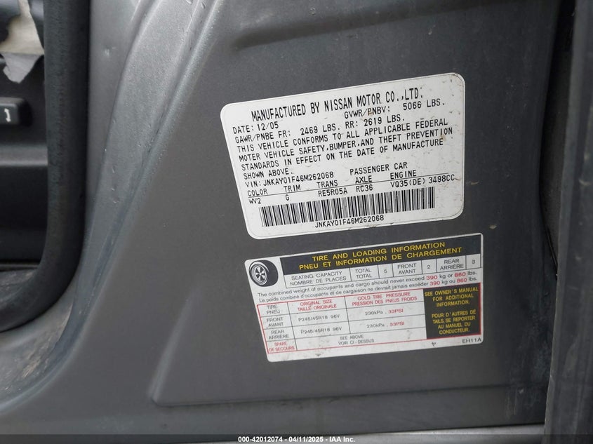 2006 INFINITI M35 VIN: JNKAY01F46M262068