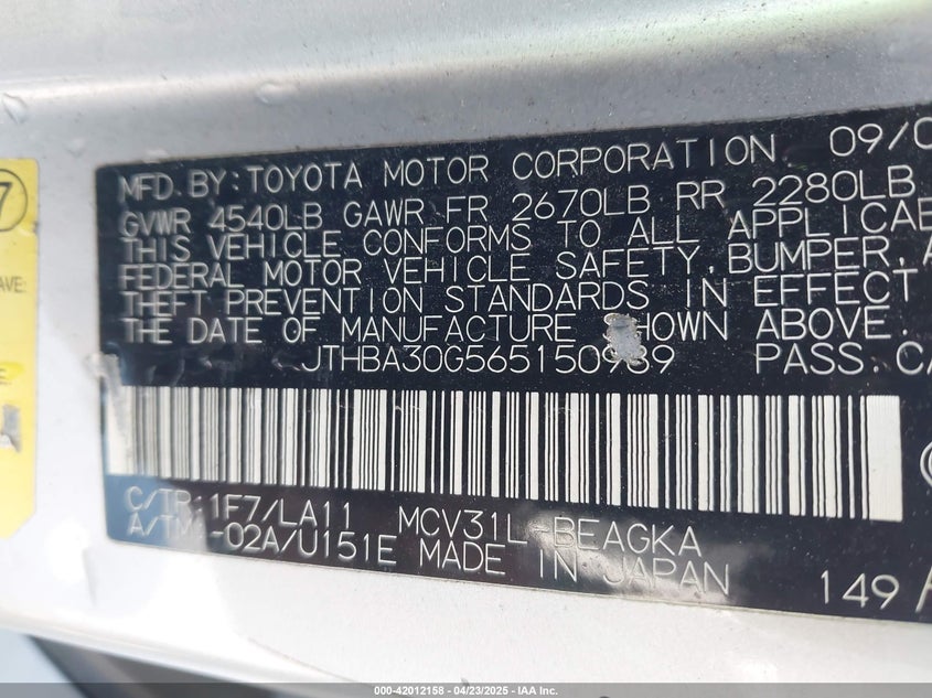 2006 LEXUS ES 330 VIN: JTHBA30G565150989