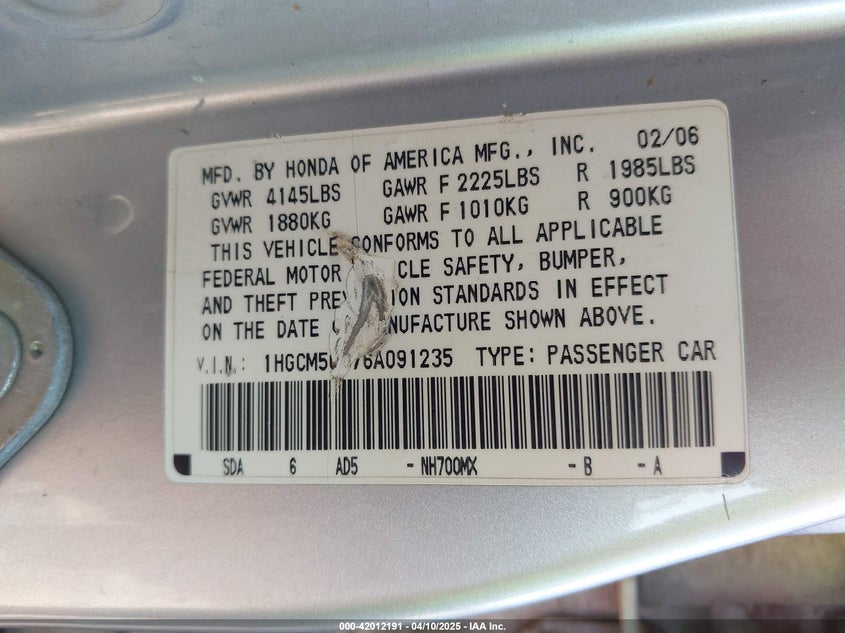2006 HONDA ACCORD VIN: 1HGCM56876A091235