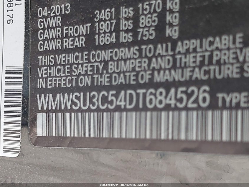 2013 MINI HARDTOP VIN: WMWSU3C54DT684526