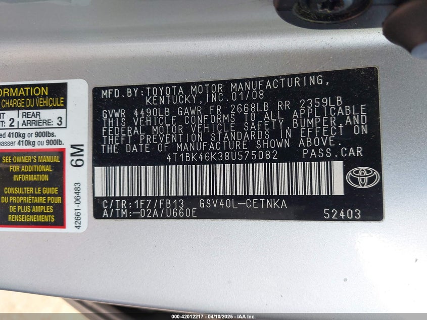 2008 TOYOTA CAMRY VIN: 4T1BK46K38U575082