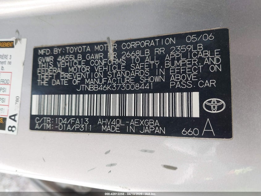 2007 TOYOTA CAMRY HYBRID VIN: JTNBB46K373008441