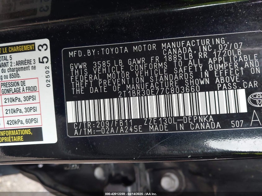 2007 TOYOTA COROLLA VIN: 2T1BR30E77C803660