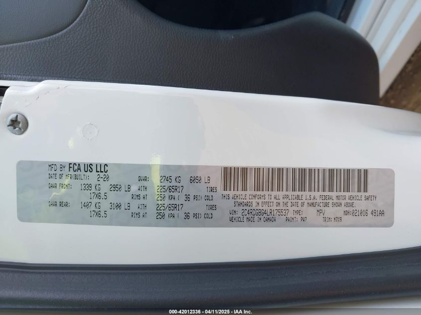 2020 Dodge Grand Caravan Se Plus VIN: 2C4RDGBG4LR175537 Lot: 42012336