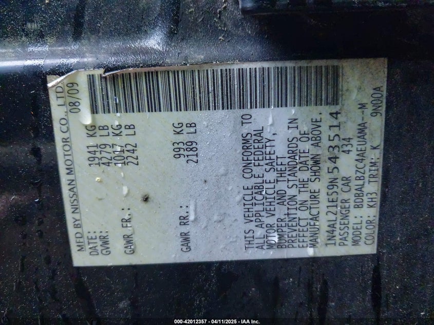 2009 NISSAN ALTIMA VIN: 1N4AL21E59N543514