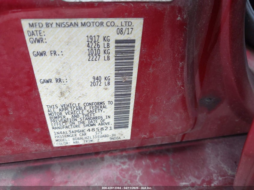 2017 NISSAN ALTIMA VIN: 1N4AL3AP6HC485821