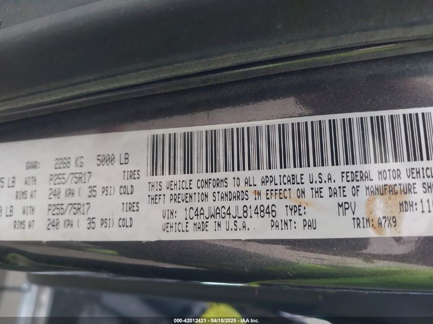 2018 Jeep Wrangler Jk Sport S 4X4 VIN: 1C4AJWAG4JL814846 Lot: 42012421