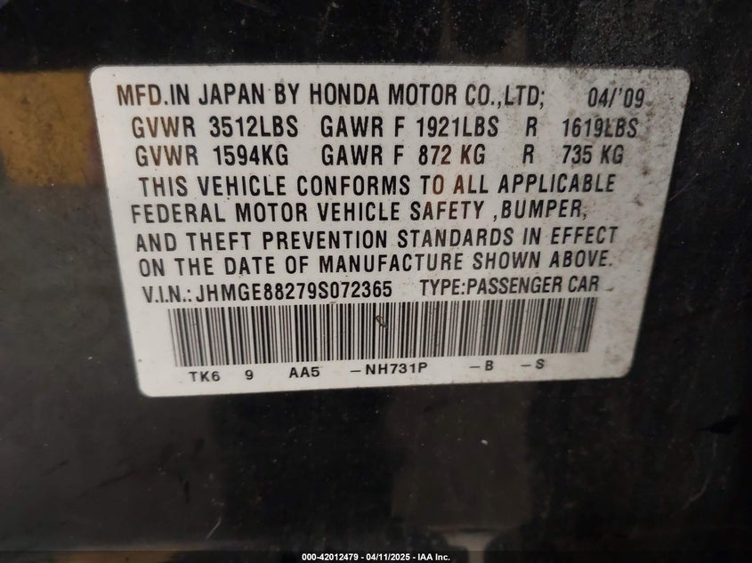 2009 HONDA FIT VIN: JHMGE88279S072365