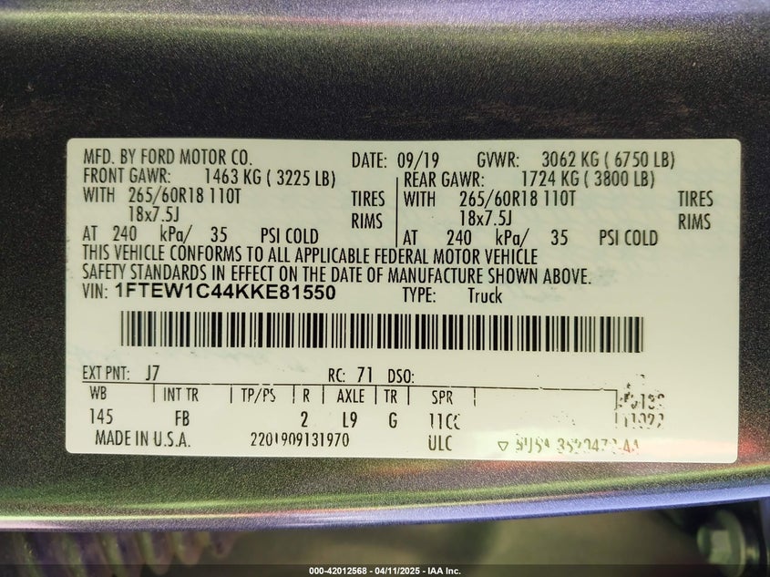 2019 FORD F-150 VIN: 1FTEW1C44KKE81550