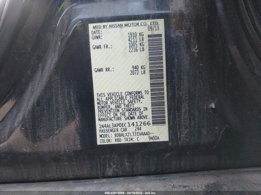2014 NISSAN ALTIMA VIN: 1N4AL3AP0EC141266