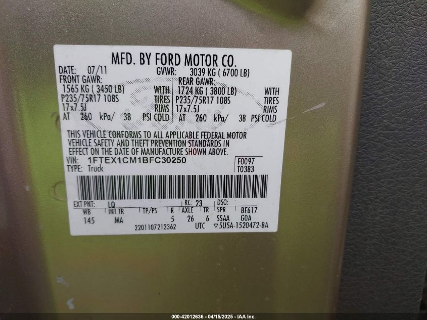 2011 Ford F-150 Xlt VIN: 1FTEX1CM1BFC30250 Lot: 42012636