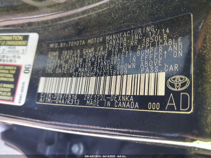 2015 Toyota Corolla Le VIN: 2T1BURHE7FC318469 Lot: 42012674