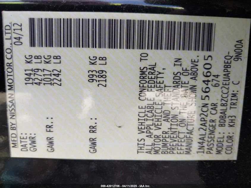 2012 Nissan Altima 2.5 S VIN: 1N4AL2AP2CN564605 Lot: 42012706