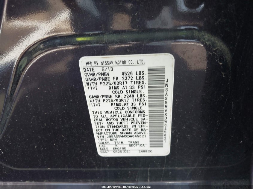2013 NISSAN ROGUE VIN: JN8AS5MVXDW645621