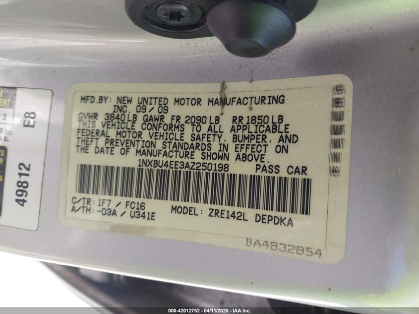 2010 TOYOTA COROLLA VIN: 1NXBU4EE3AZ250198