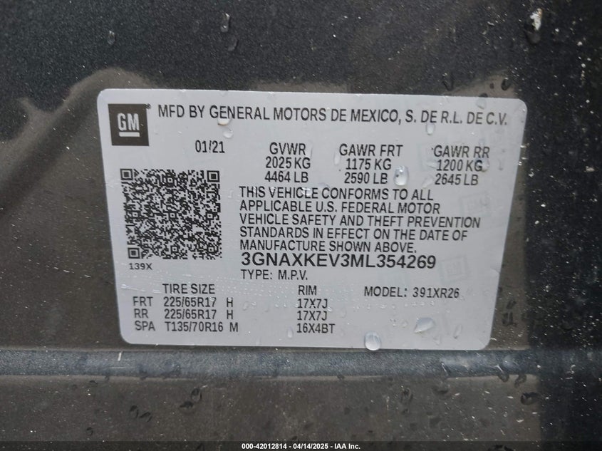 2021 CHEVROLET EQUINOX VIN: 3GNAXKEV3ML354269