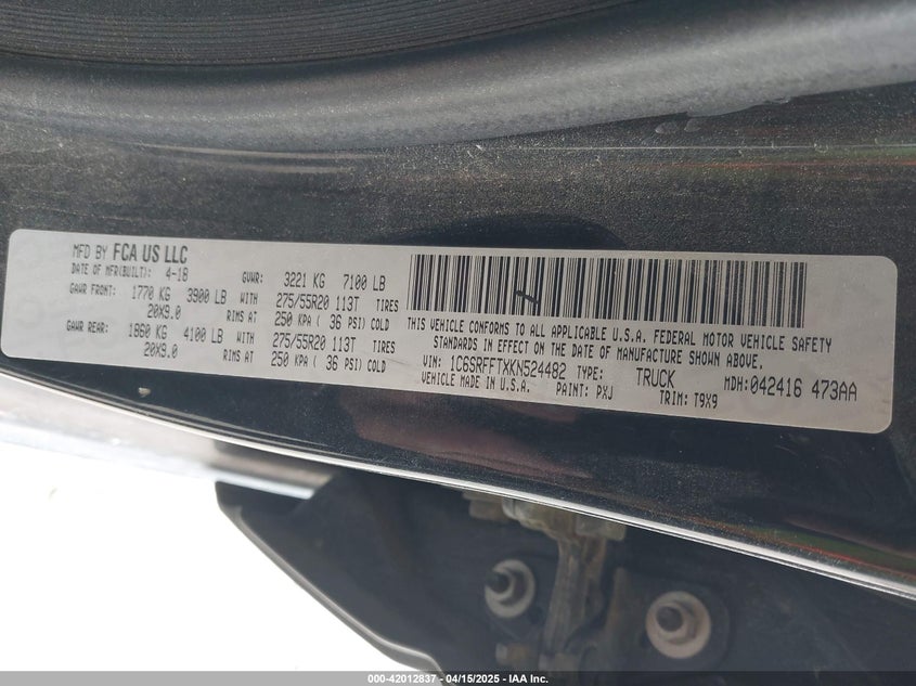 2019 Ram 1500 Rebel 4X4 5'7 Box VIN: 1C6SRFLT0KN703943 Lot: 42012837